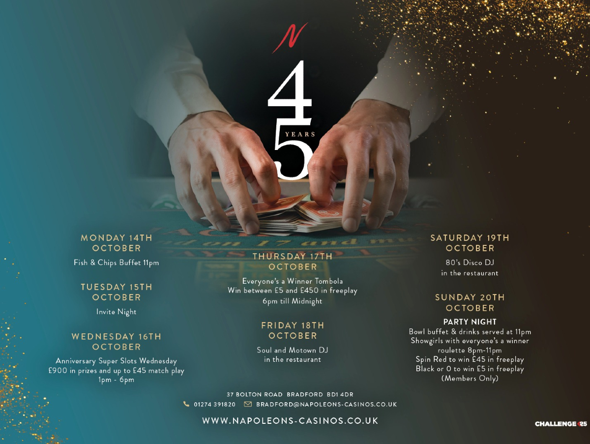 Celebrating 45 Years of Entertainment and Dining at Napoleons Casino, Restaurant, & Bar Bradford! -  - Napoleons Casinos & Restaurants