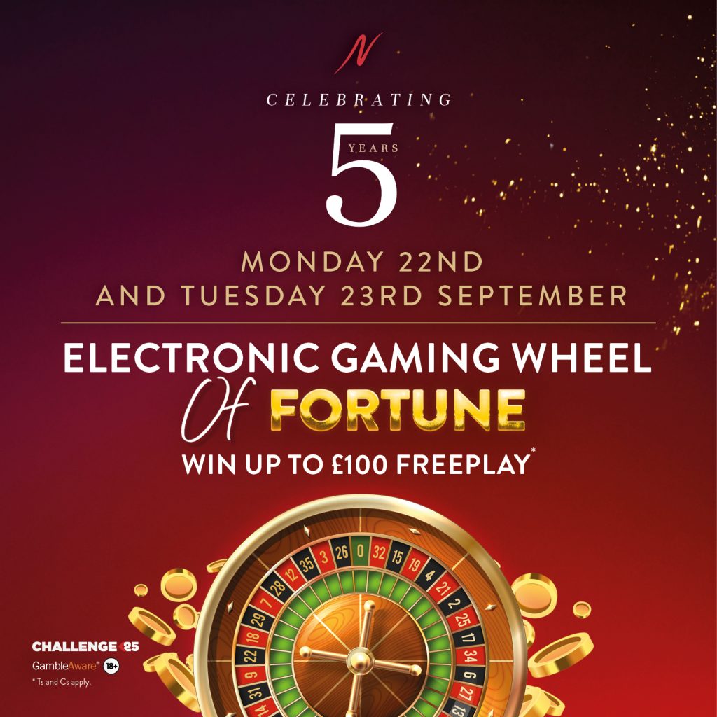 5 Year Anniversary Electronic Gaming Wheel of Fortune -  - Napoleons Casinos & Restaurants